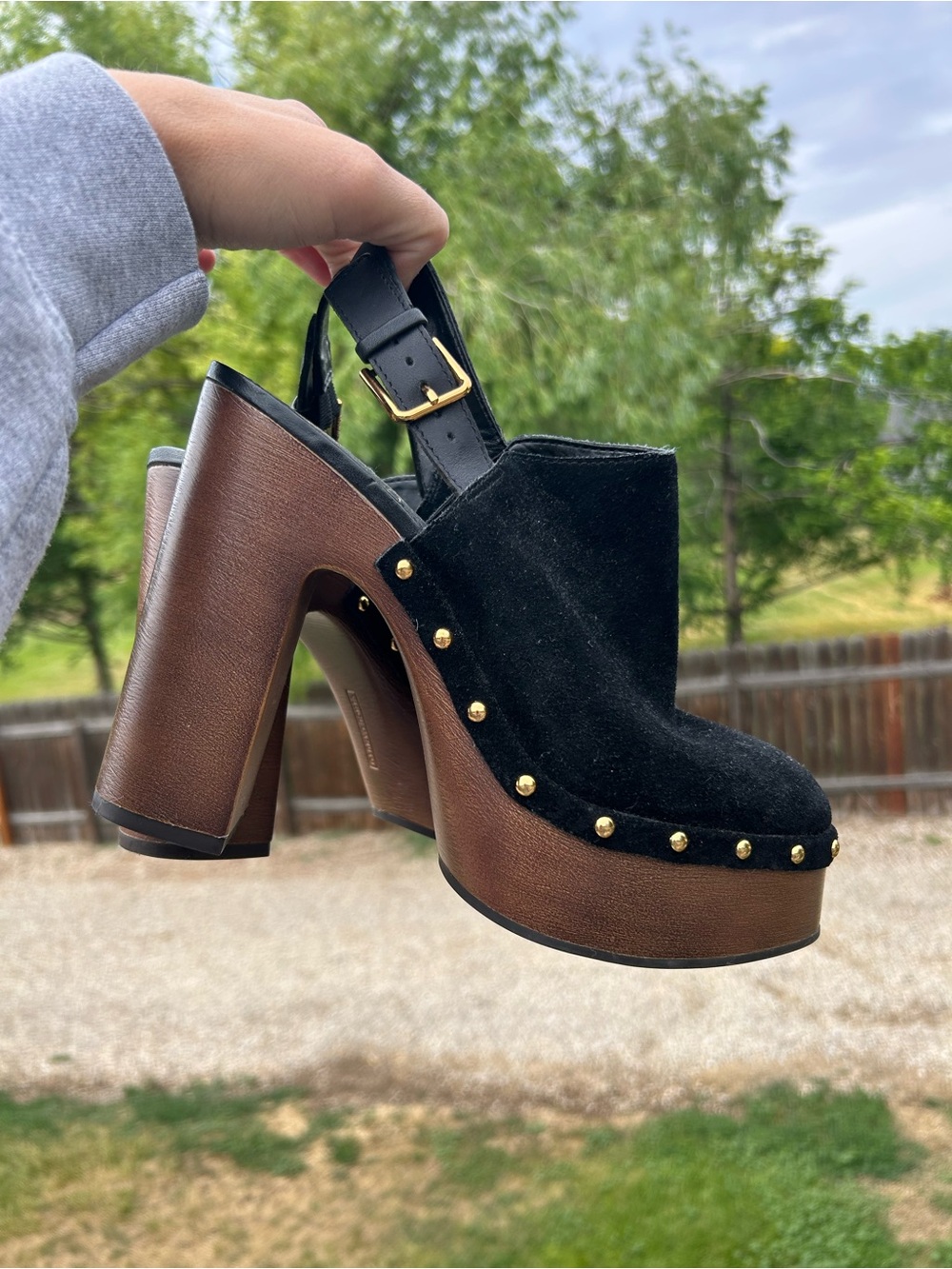 Vince Camuto Black Suede Platform Clog Heels with Brown Wood-Look Heel